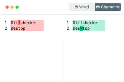 Diffchecker screenshot featuring character-level diffs