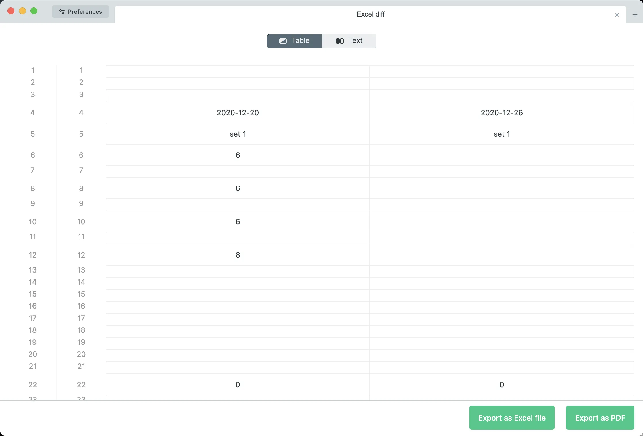 Screenshot of excel diff features page