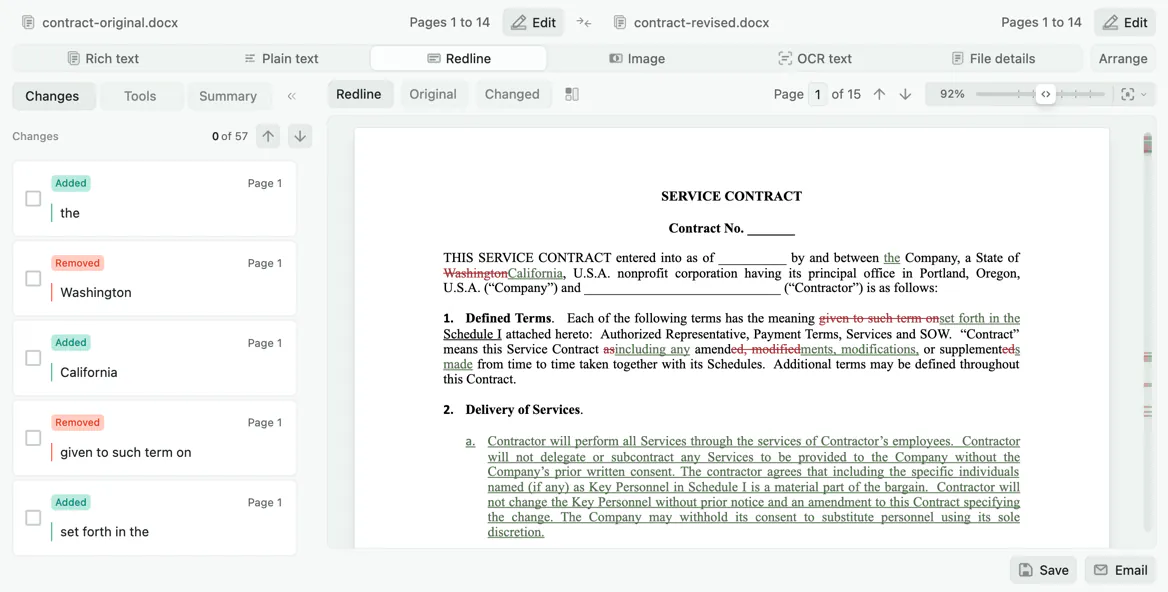 A redline document with insertions underlined and deletions struck through