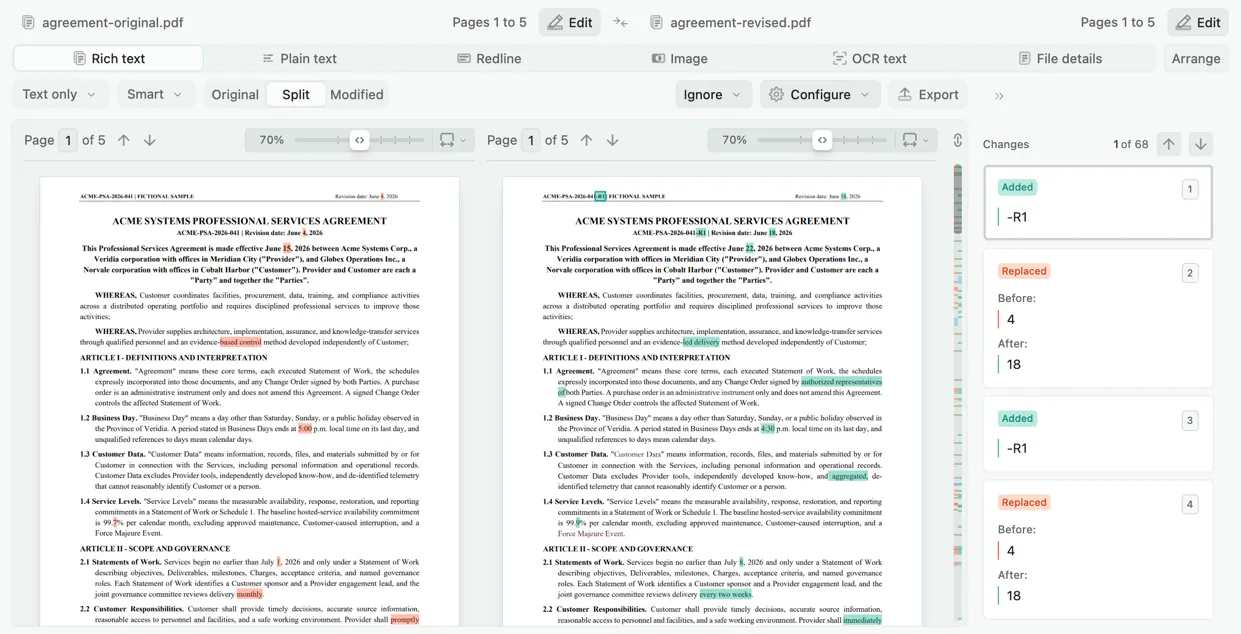 Two documents compared in rich text view with formatting preserved