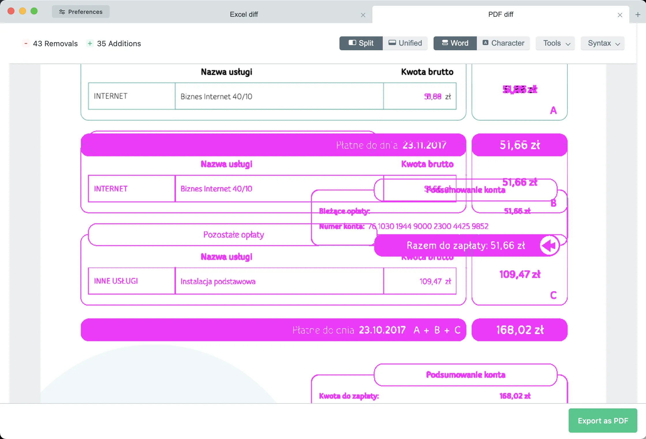 Screenshot of pdf diff features page